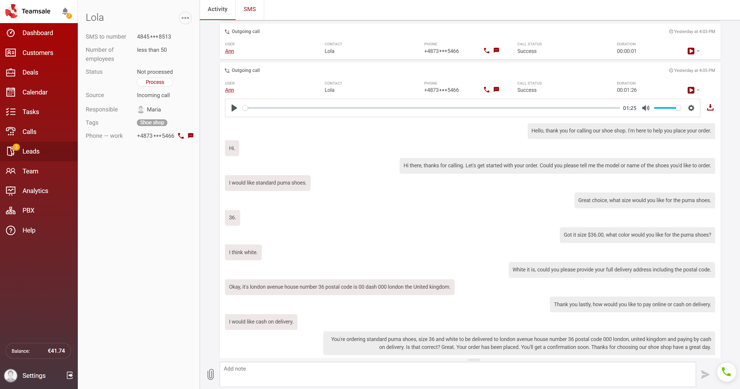 Interface de CRM do Teamsale
