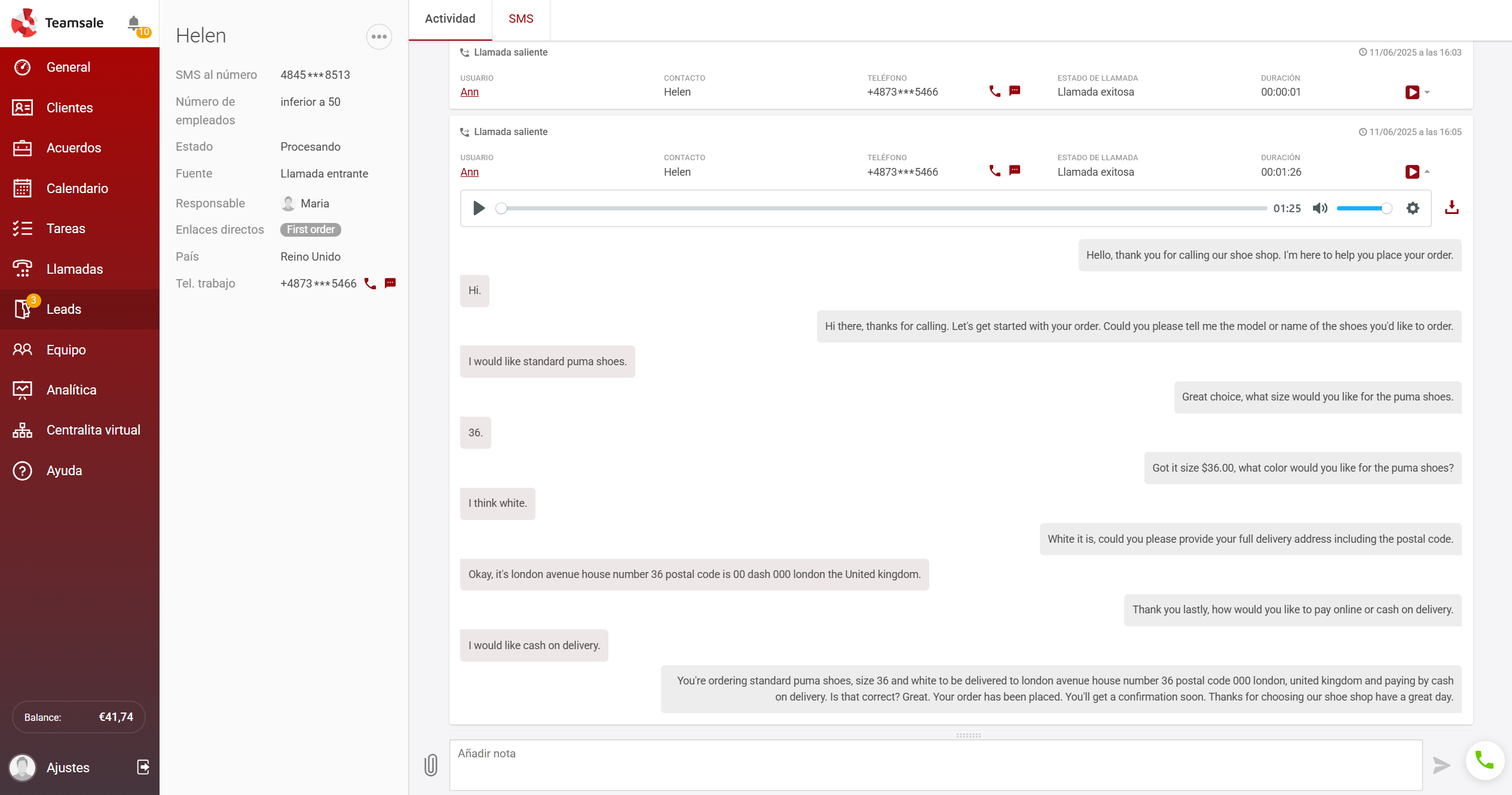 Interfaz de Teamsale CRM