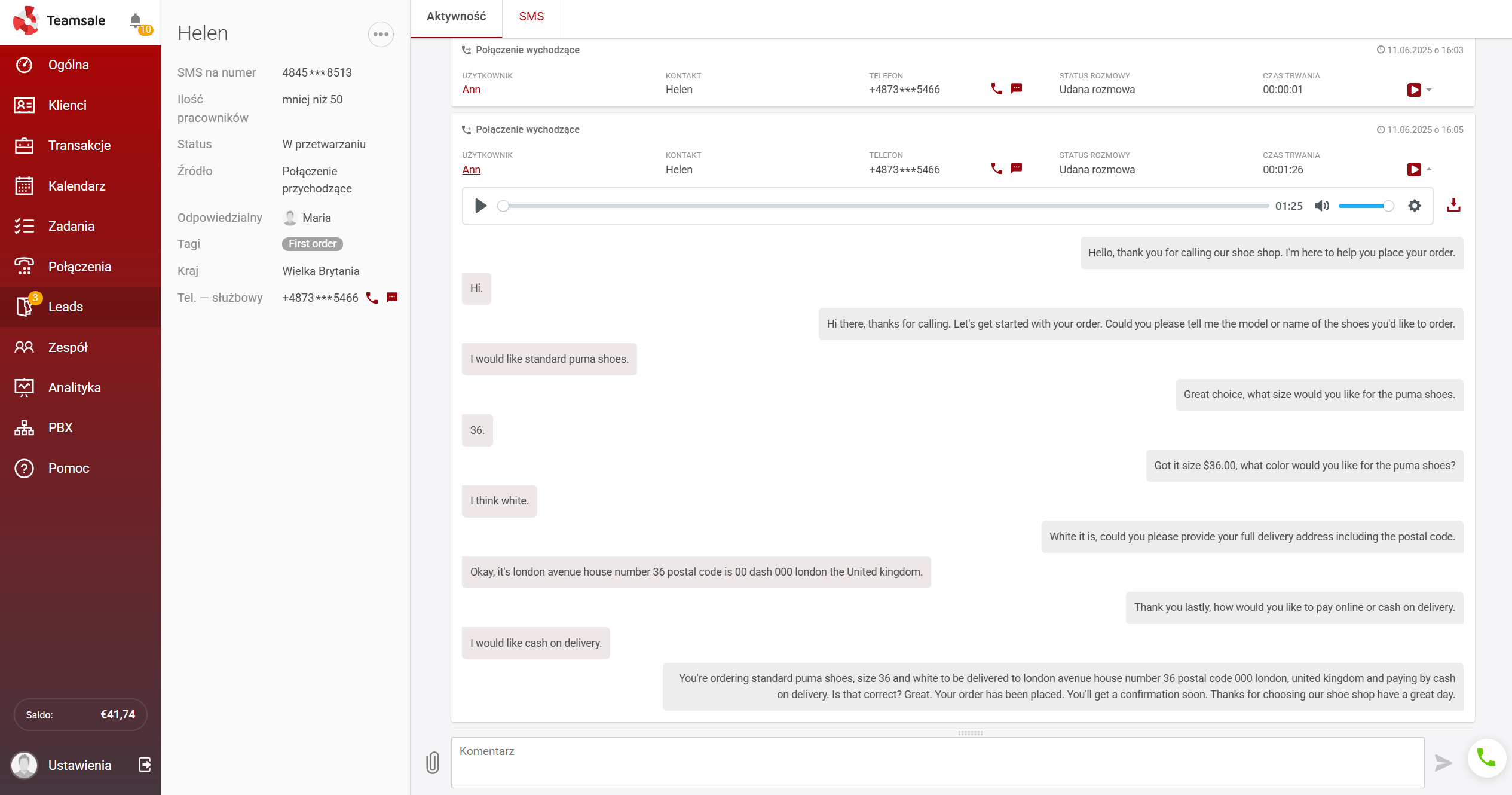 Interfejs Teamsale CRM
