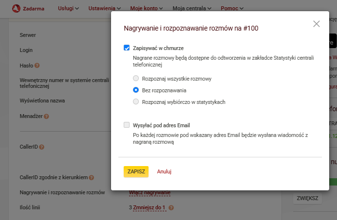 Nagrywanie rozmów w ramach centrali