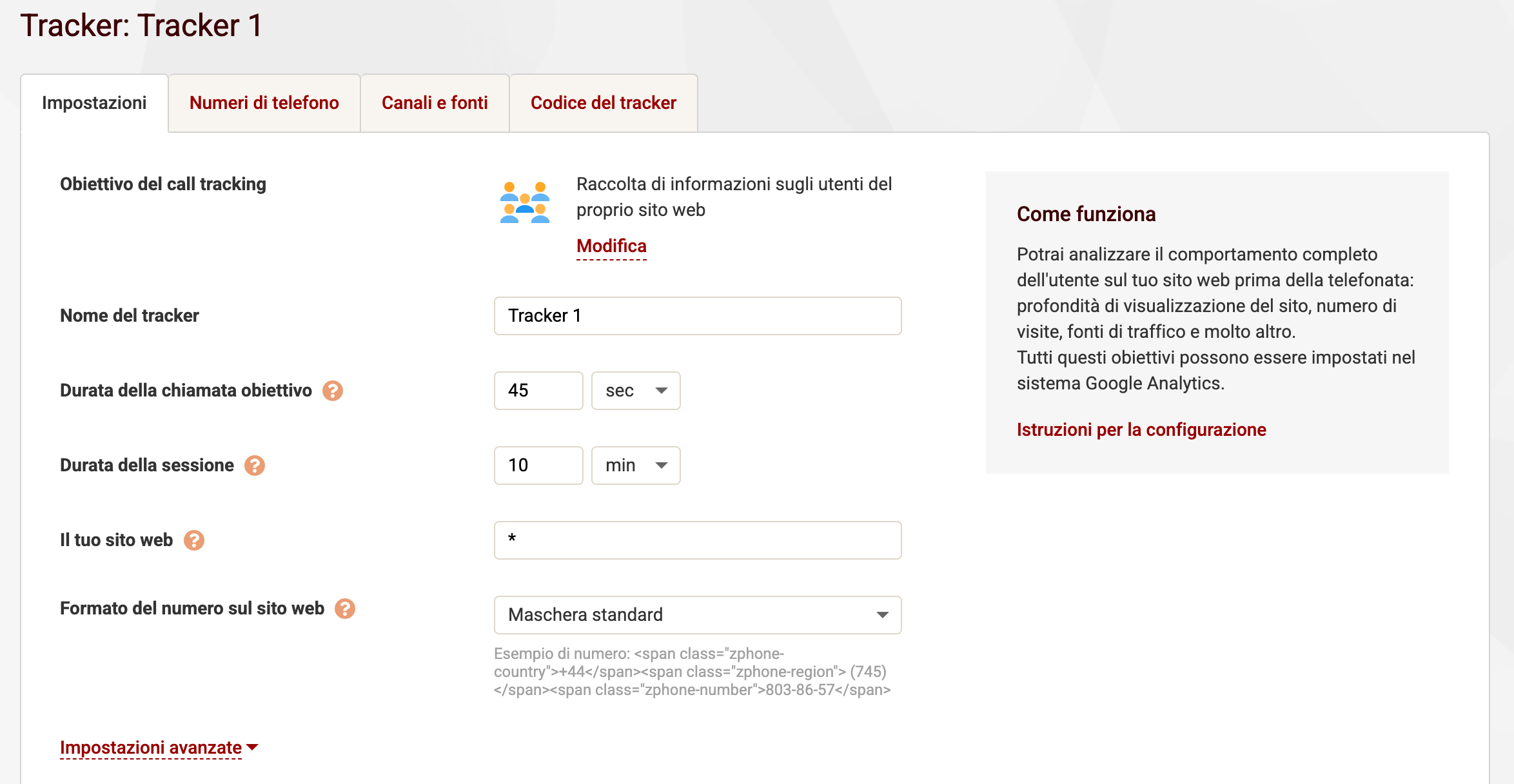 Calltracking Zadarma Impostazioni