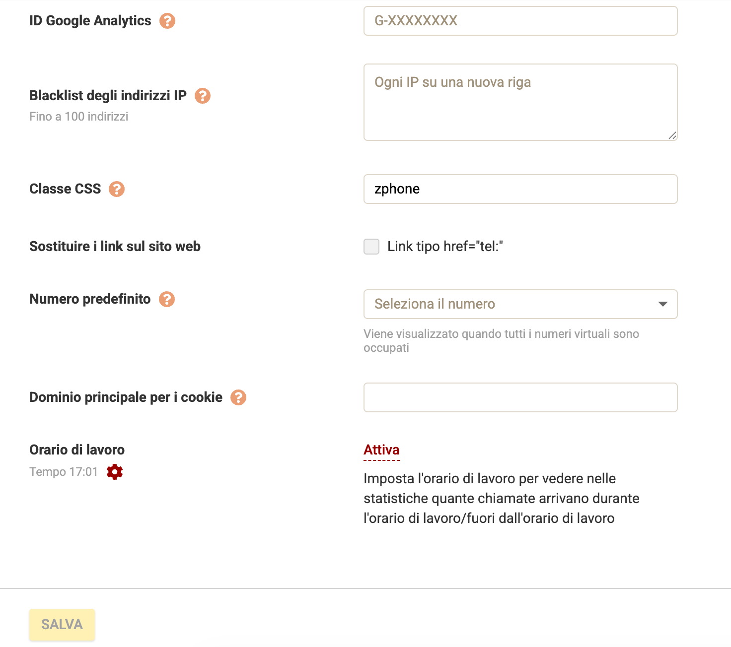 Calltracking Zadarma Impostazioni avanzate