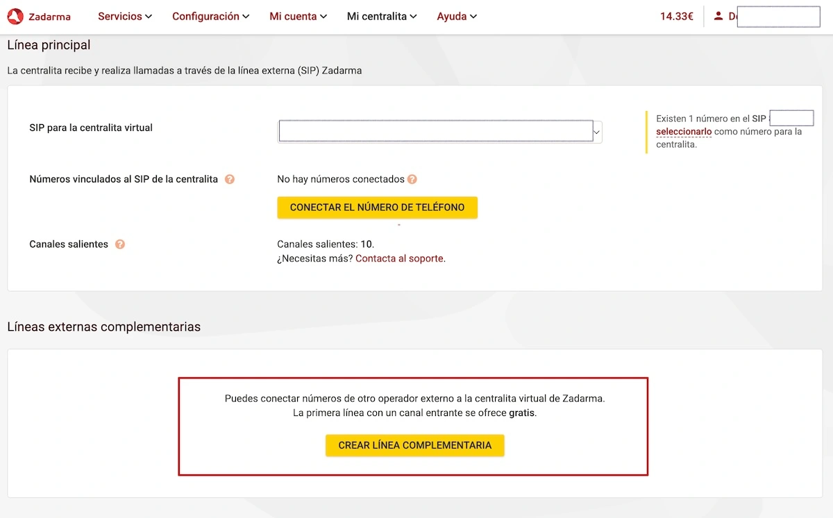 Crear línea complementaria en Zadarma