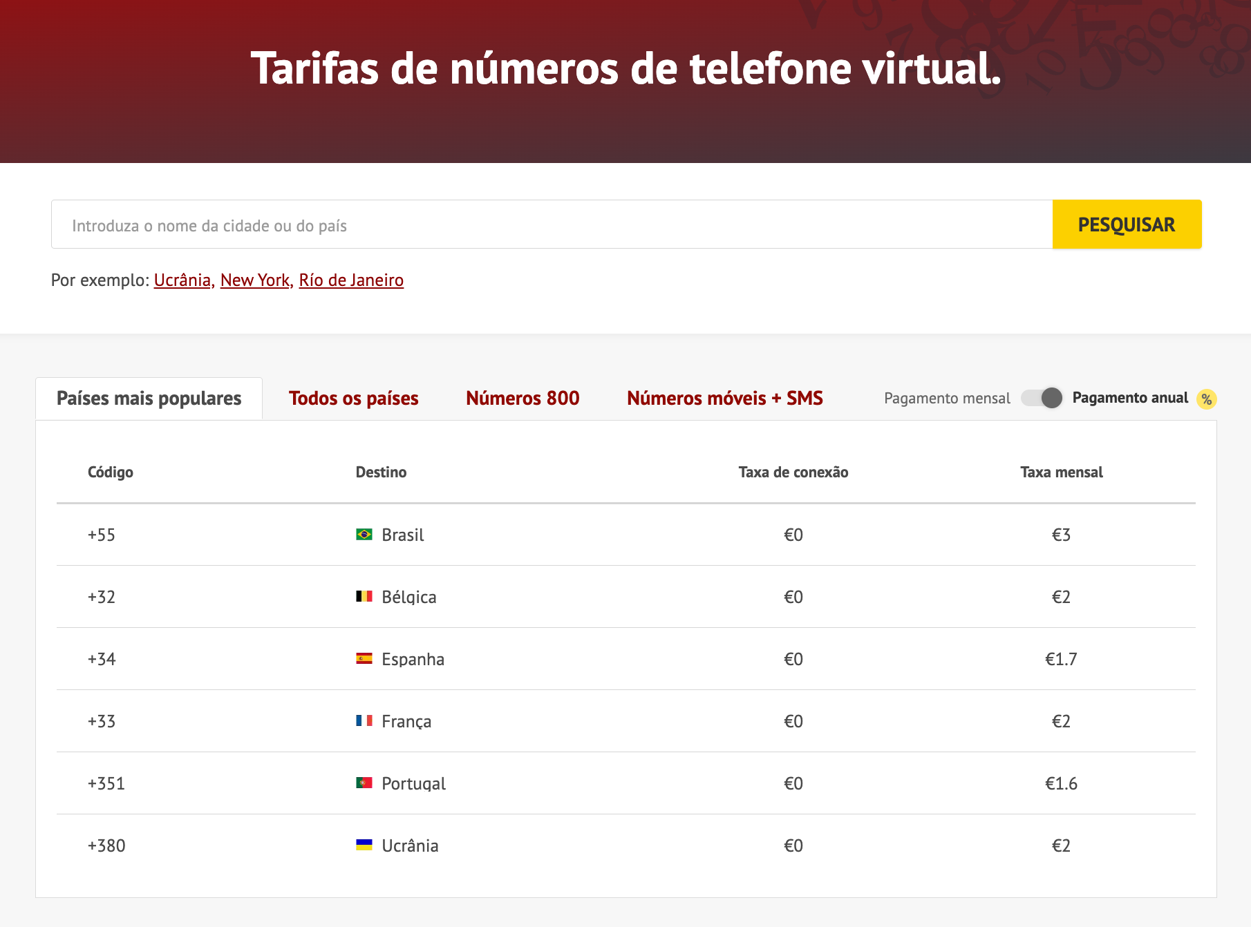Tarifas de números de telefone virtual de Zadarma