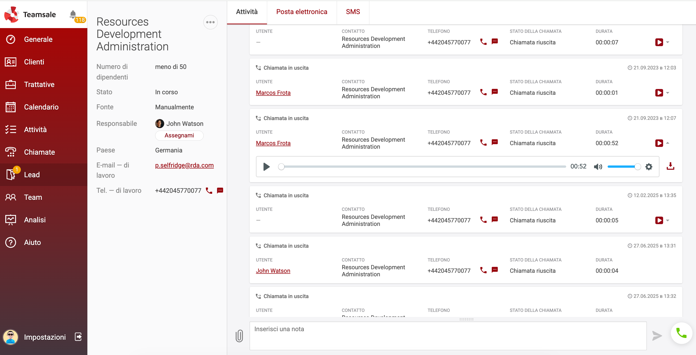 Interfaccia di Teamsale CRM