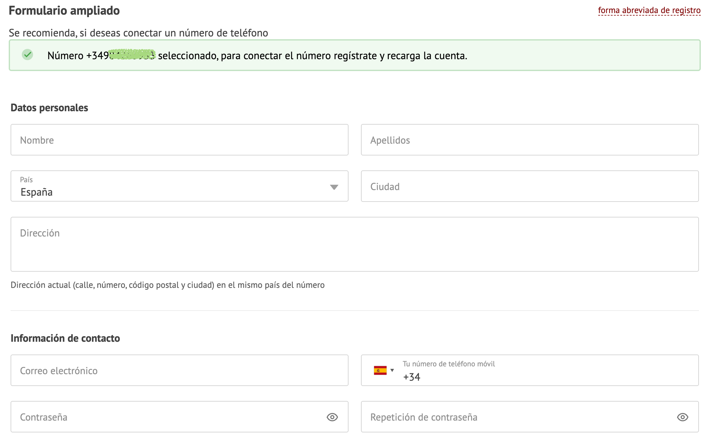 Formulario de registro para activar un número virtual en Zadarma