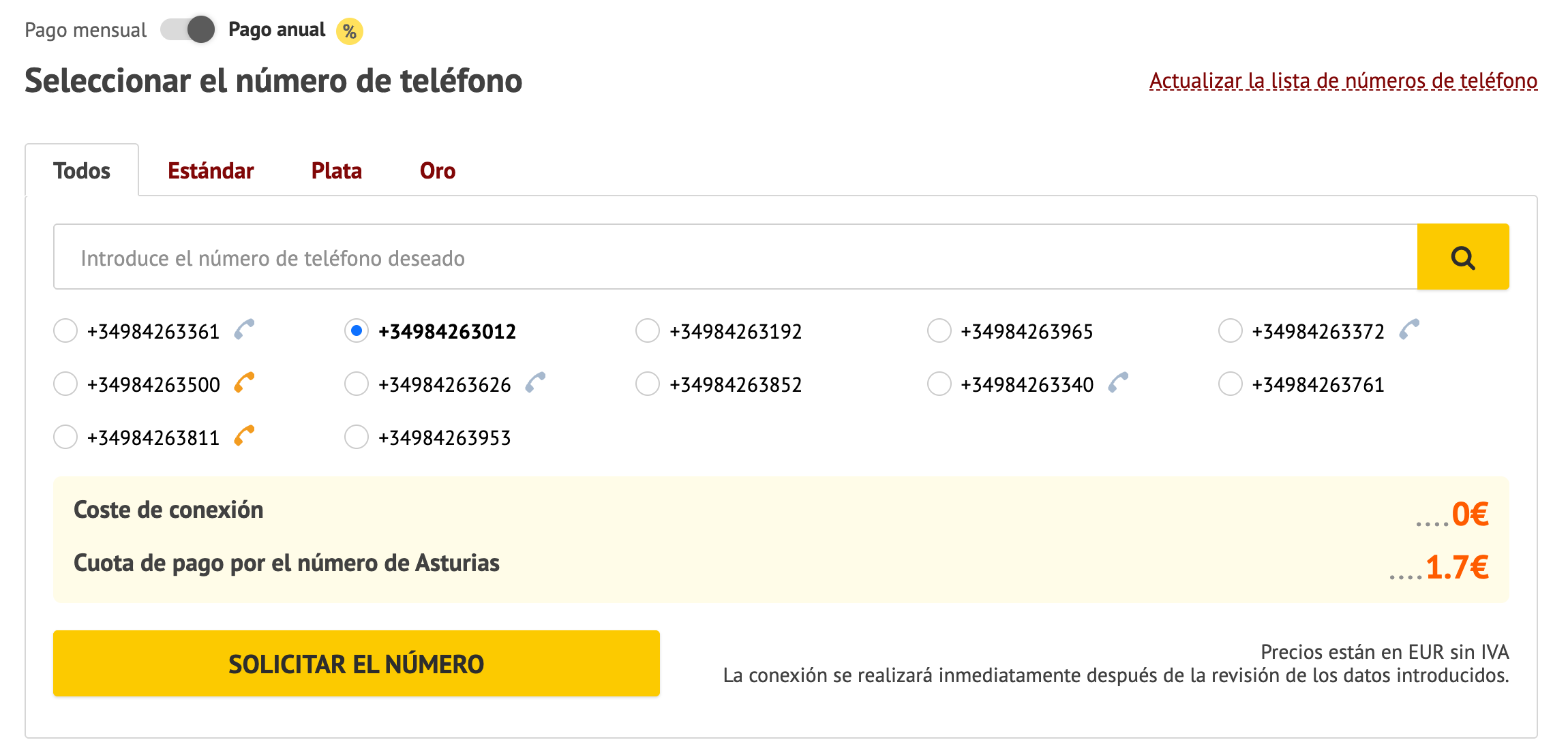 Selección de número virtual con prefijo de Asturias en Zadarma