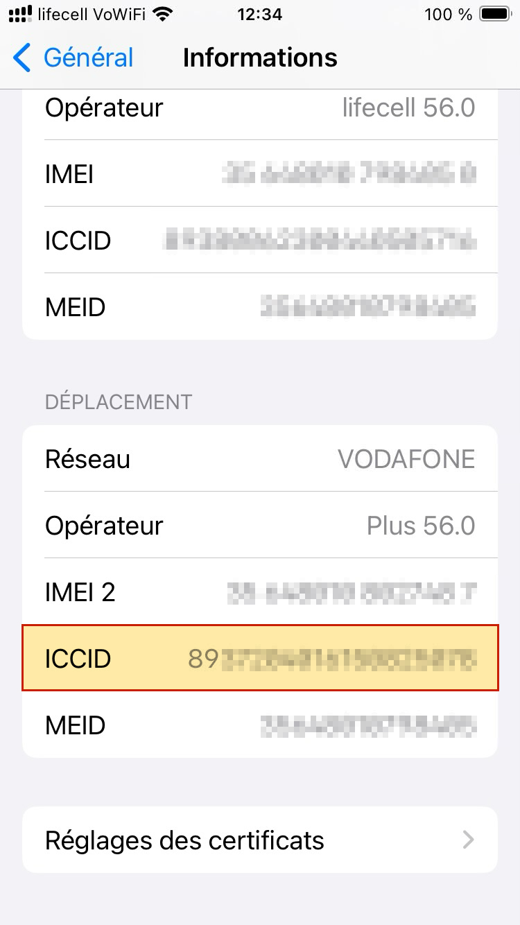 ICCID sur iPhone