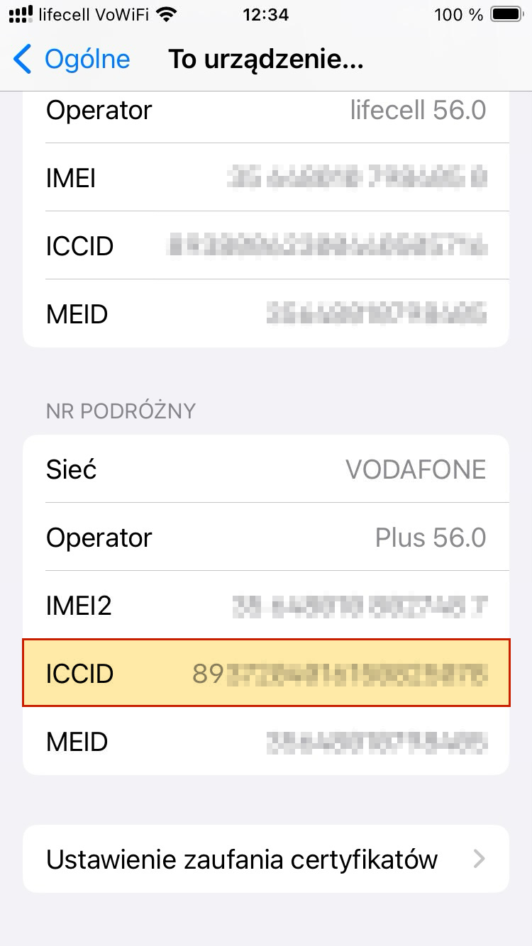 ICCID na iPhonie