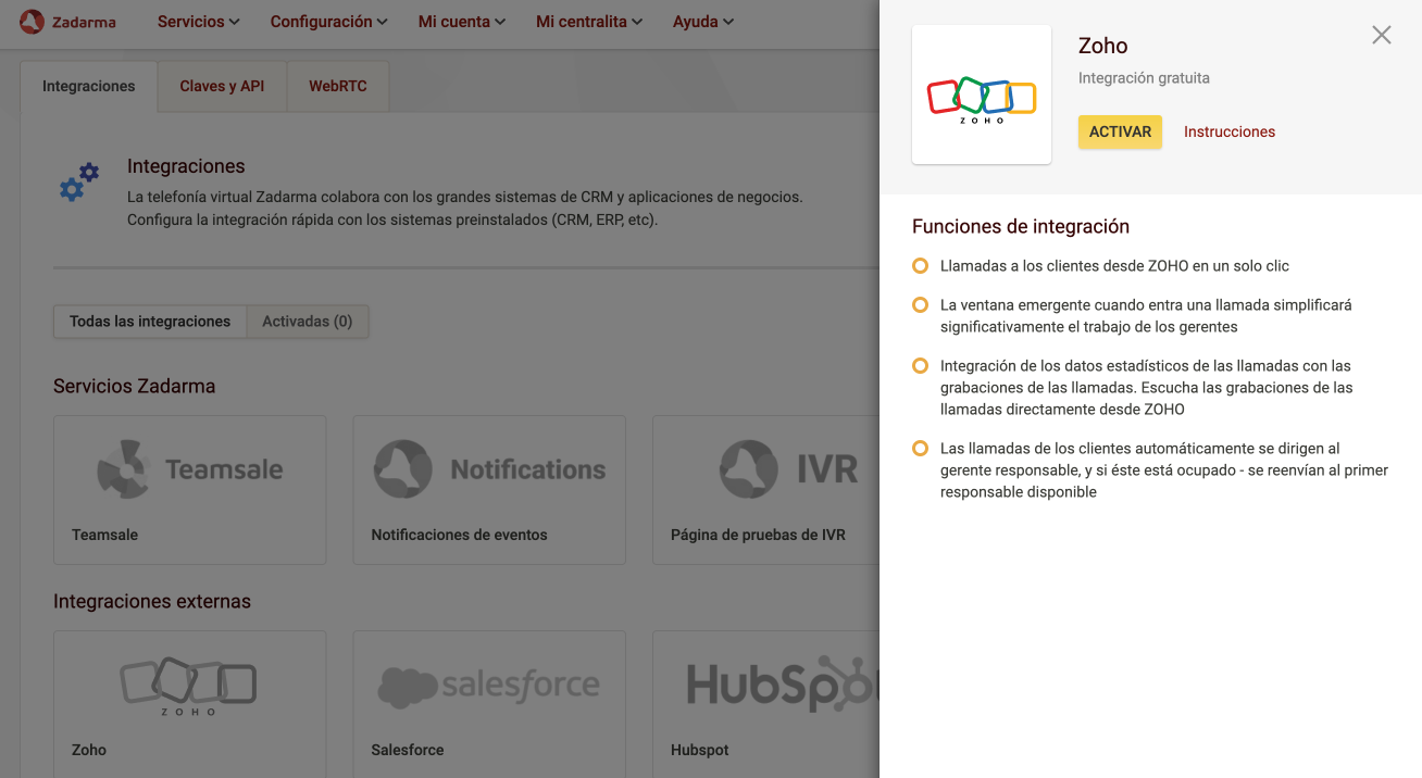 Integração da central telefónica virtual Zadarma e Zoho primeiro passo
