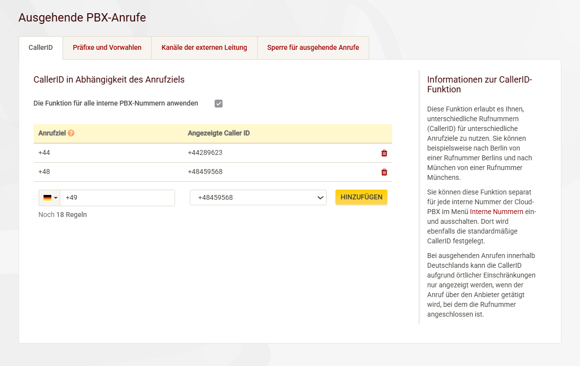 CallerID by destination