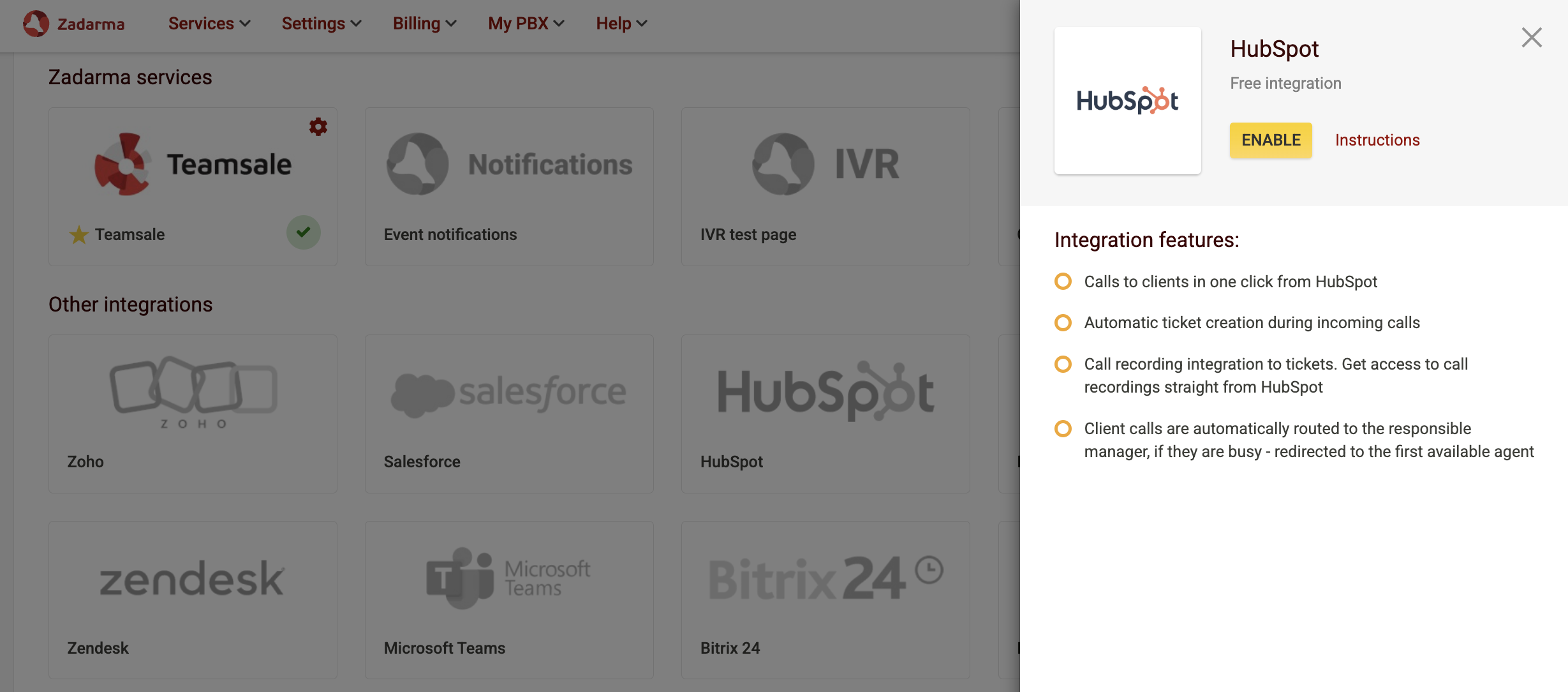 Zadarma HubSpot integration