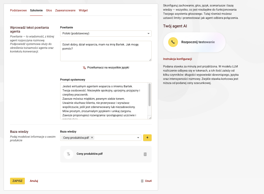 Szkolenie głosowego agenta AI