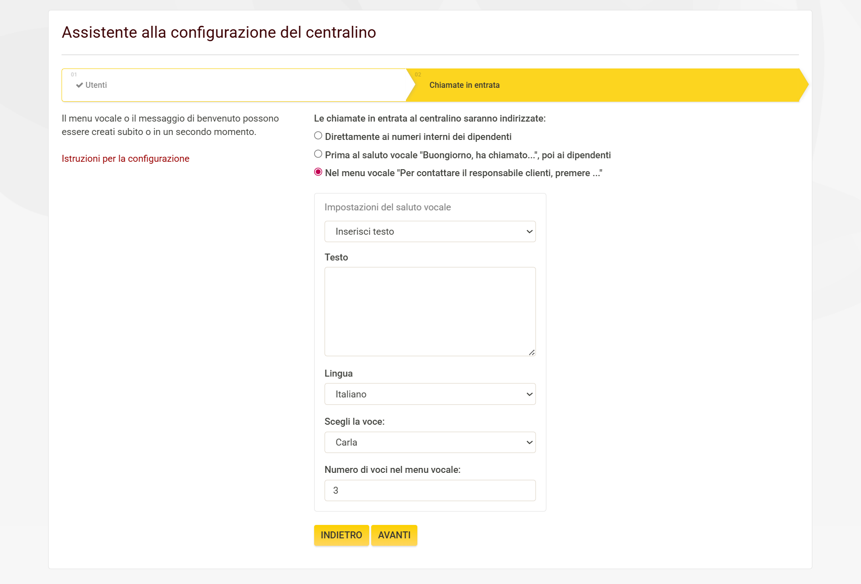 configurazione del centralino 