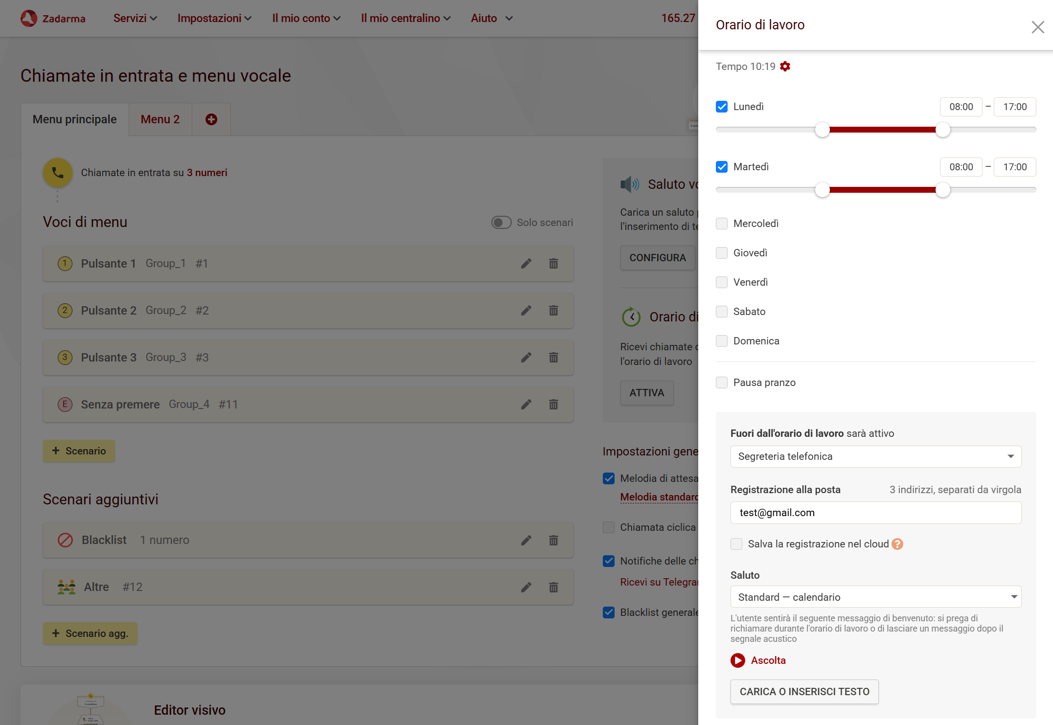Orario di lavoro del centralino 