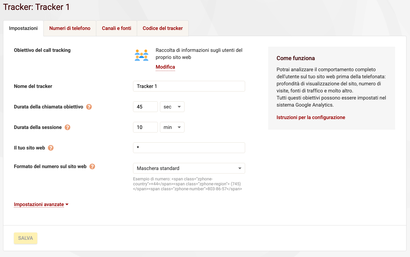 Call tracking - impostazioni generali