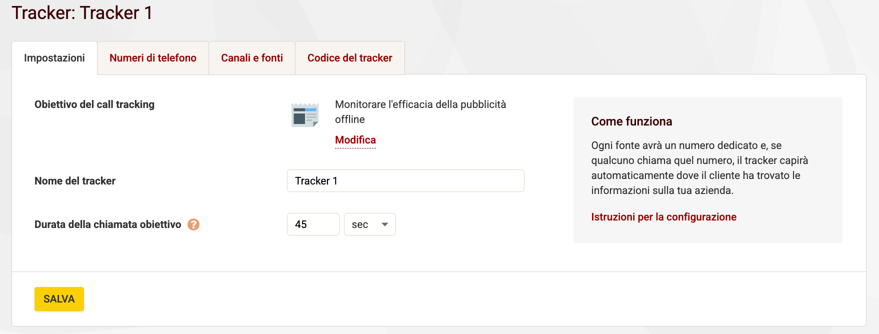 Impostazioni generali del call tracking
