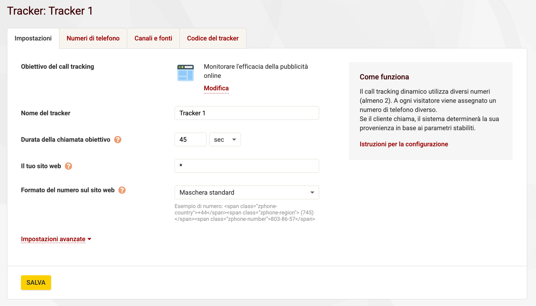 Call tracking Impostazioni generali