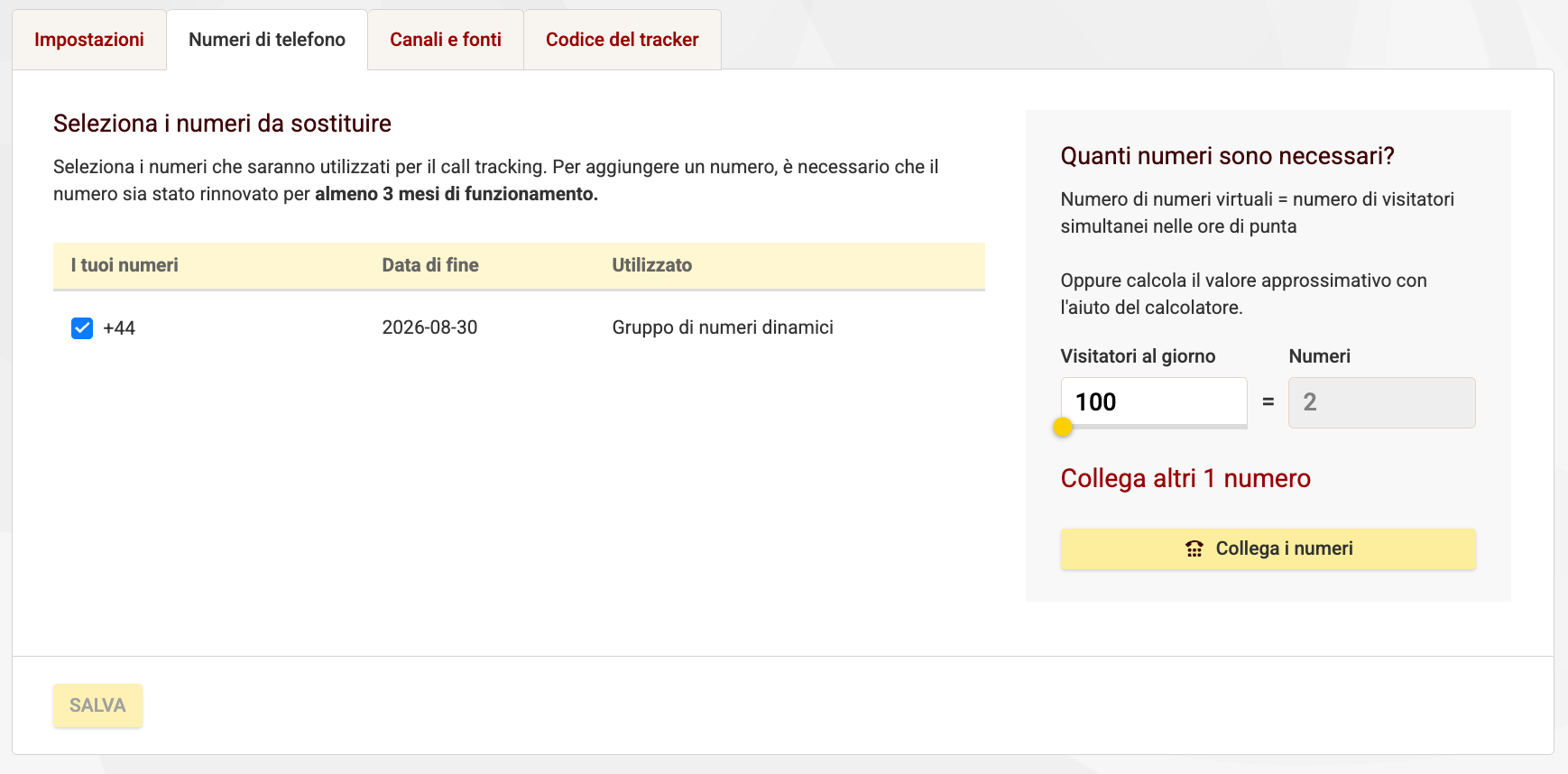 Call tracking Seleziona il numero