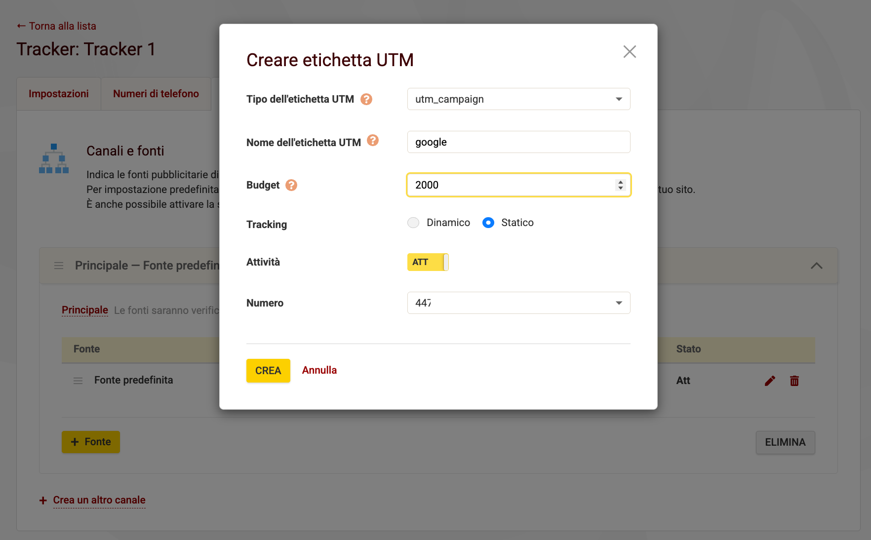 Call tracking Creazione dell'etichetta UTM