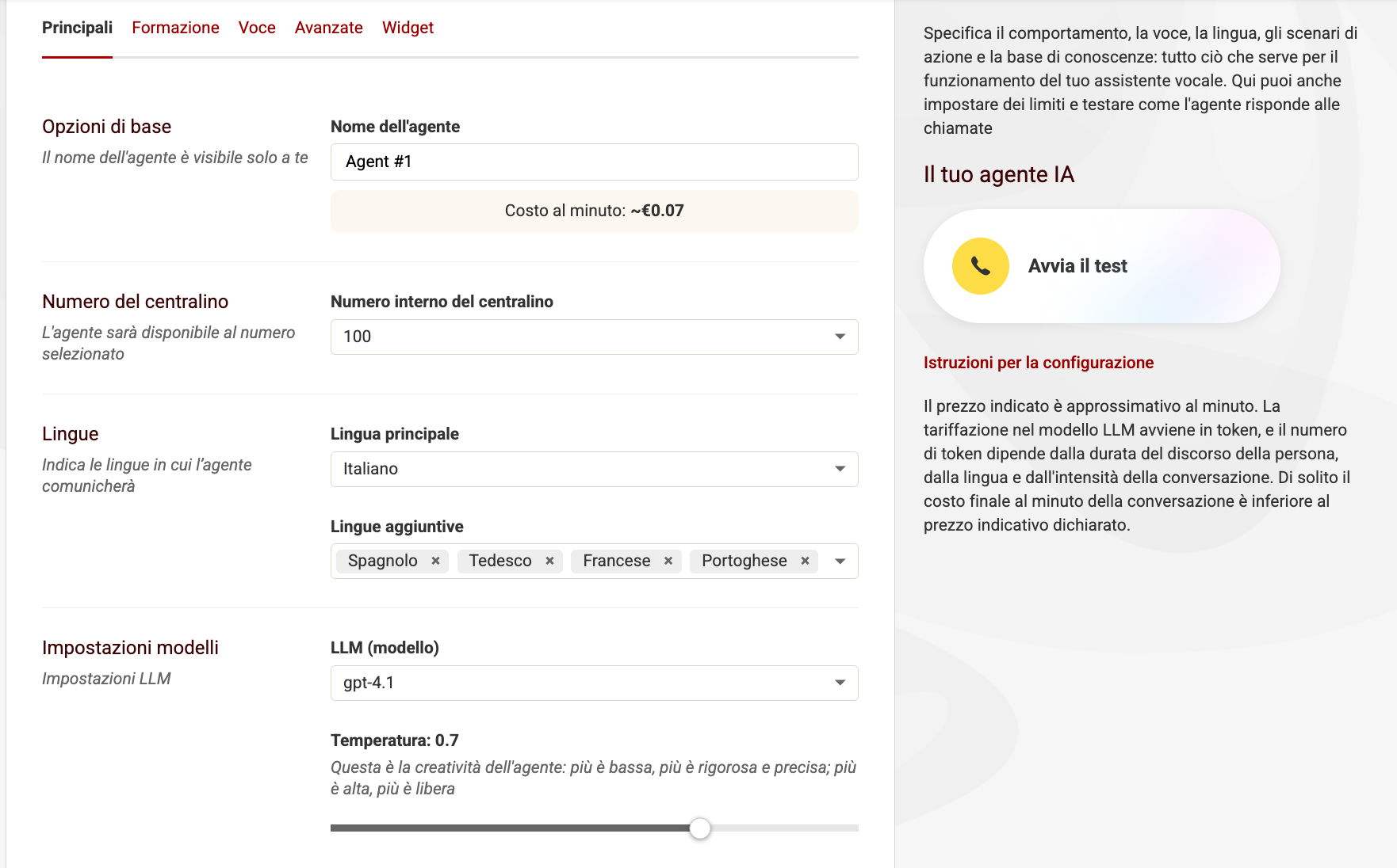 Impostazioni principali dell'agente IA