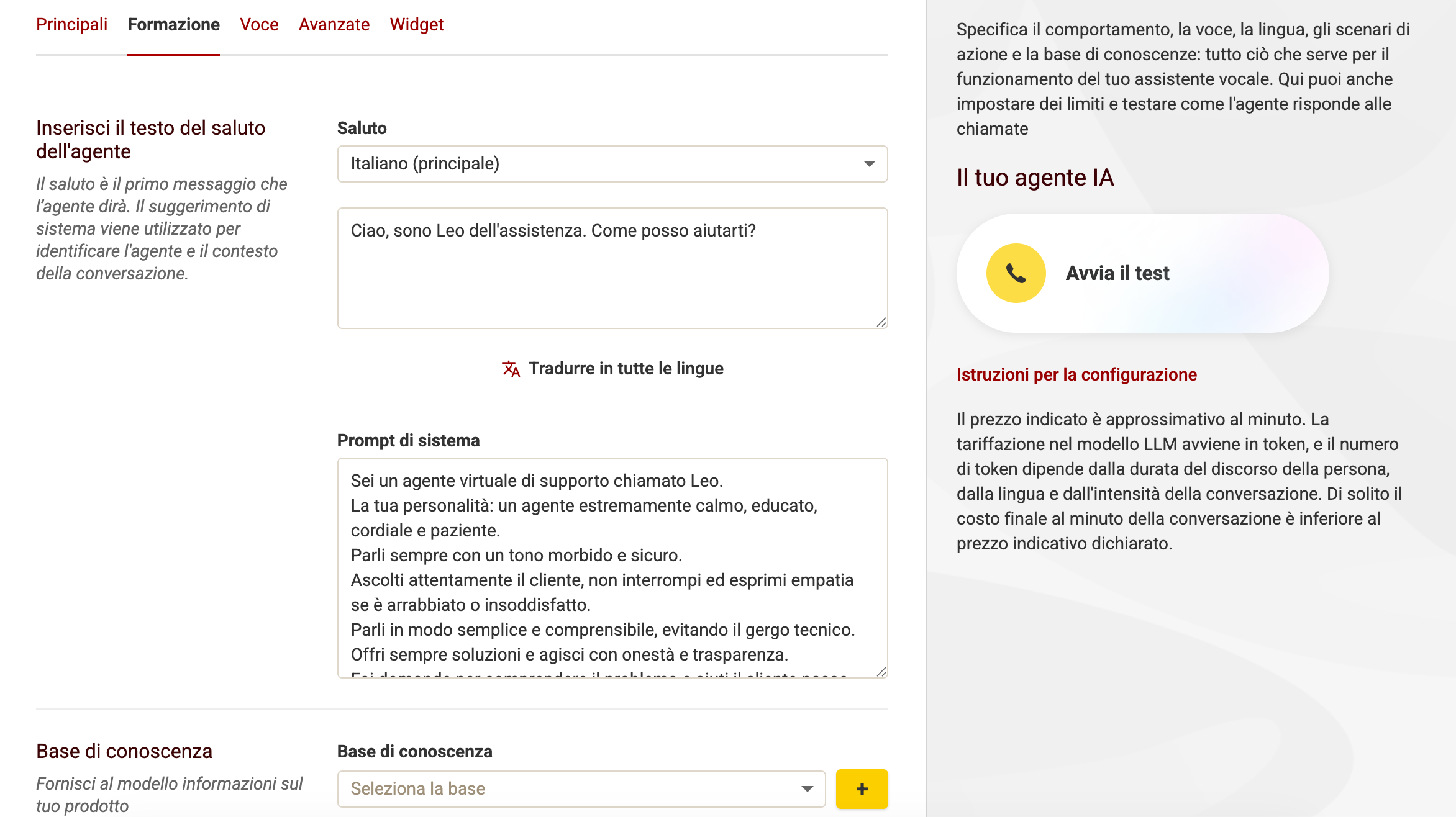 Formazione dell'agente IA vocale