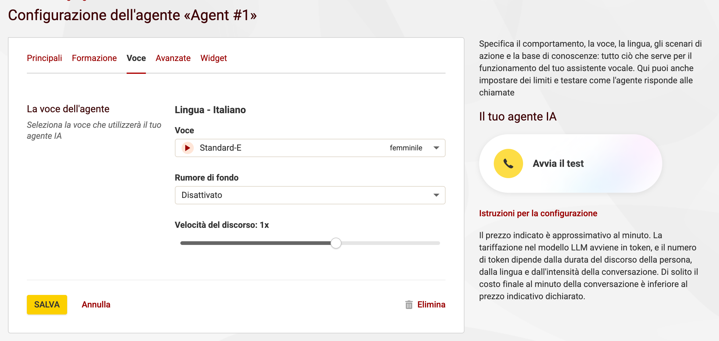 Seleziona la voce e lo sfondo per l'agente IA