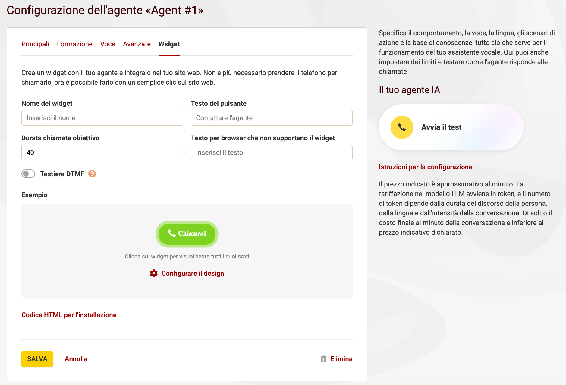 Widget per le chiamate dal sito web