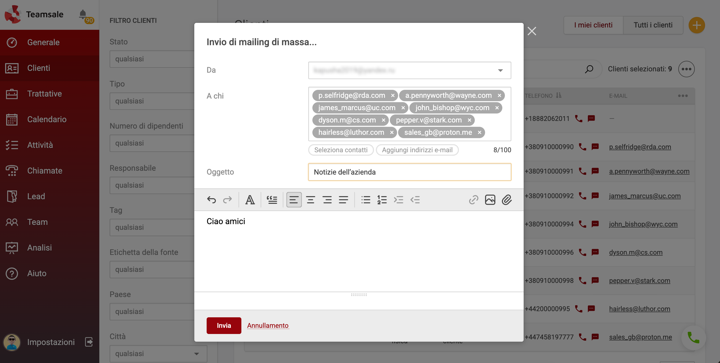 e-mail ai clienti Teamsale CRM