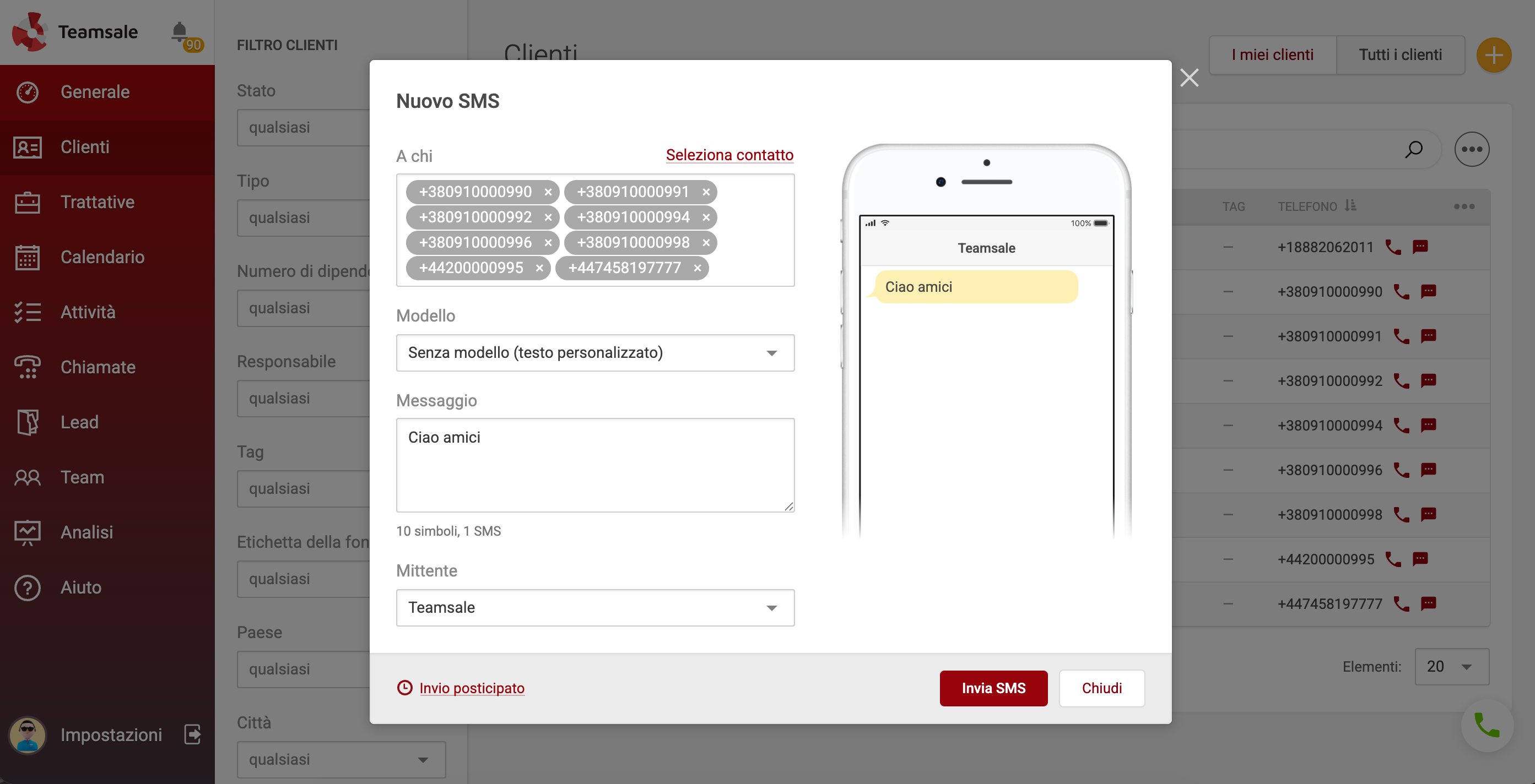 Invia sms Teamsale CRM