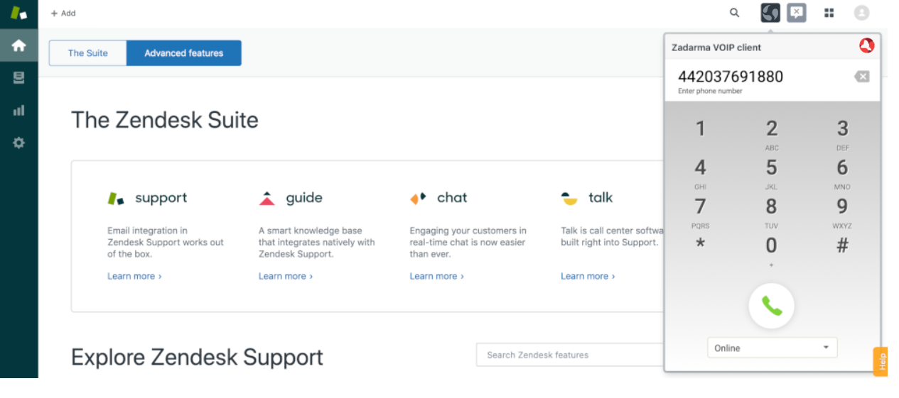 Zadarma’s webphone within Zendesk