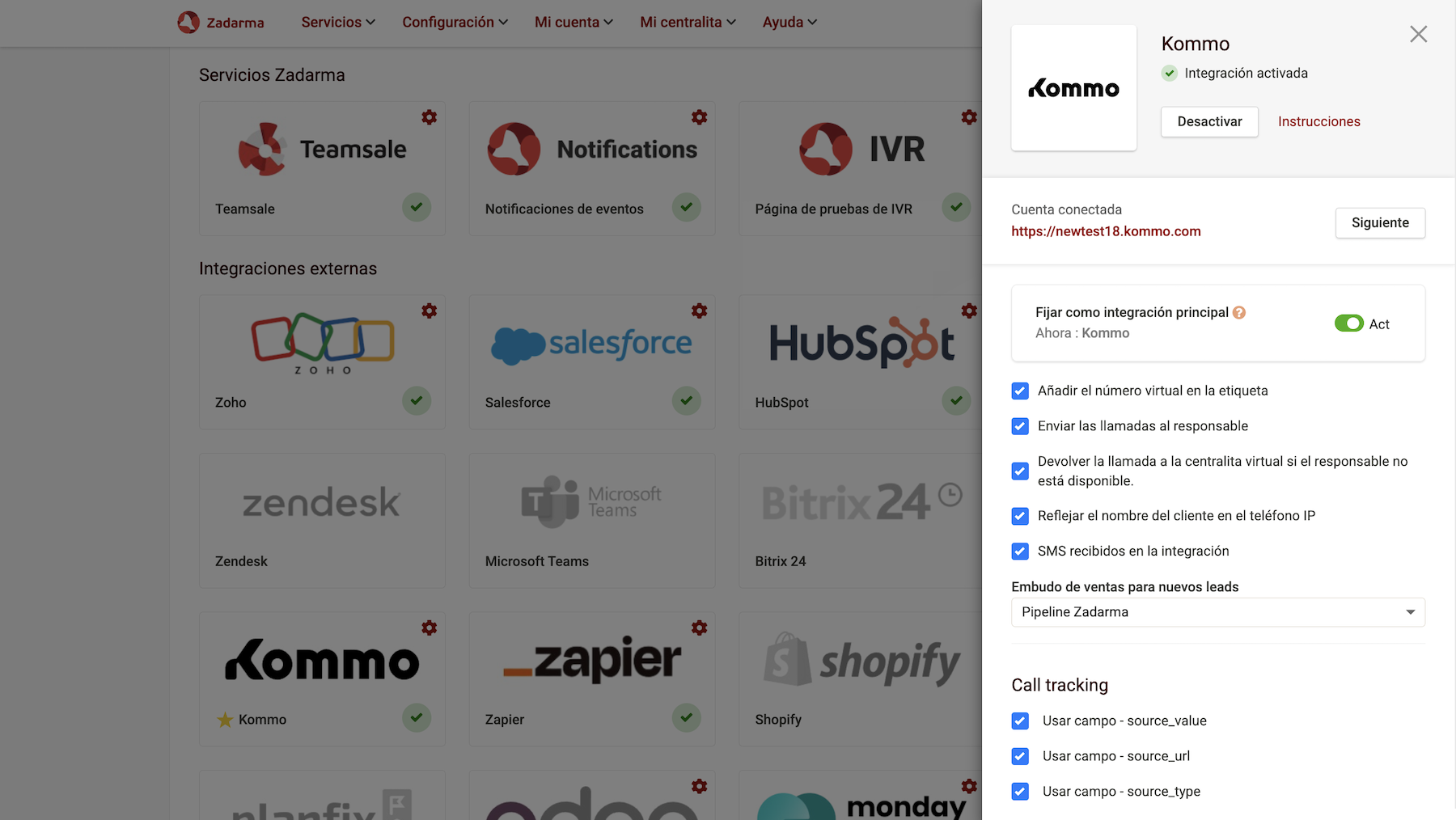 Configuración de Kommo en Zadarma