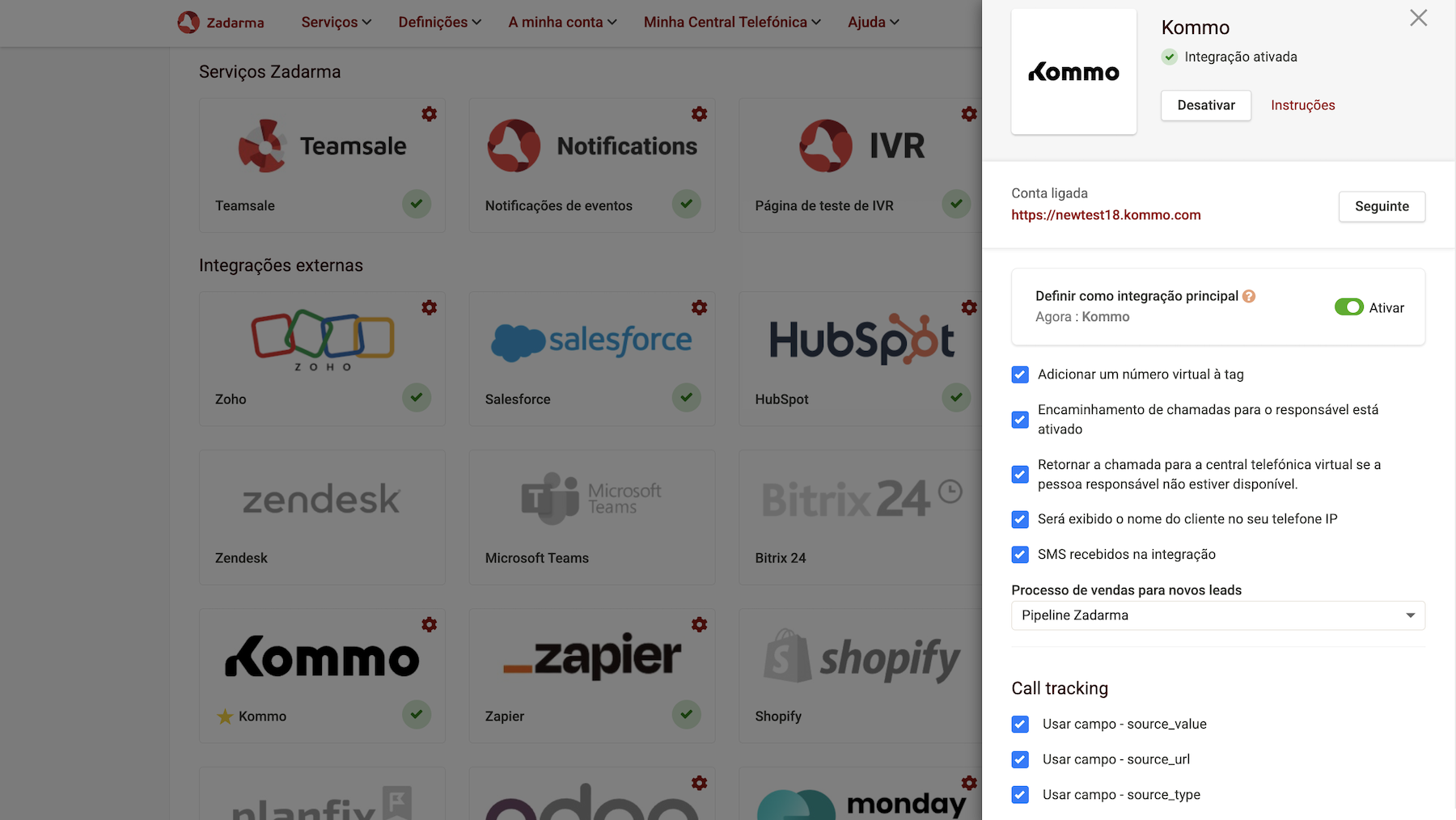 Configurações do Kommo no Zadarma