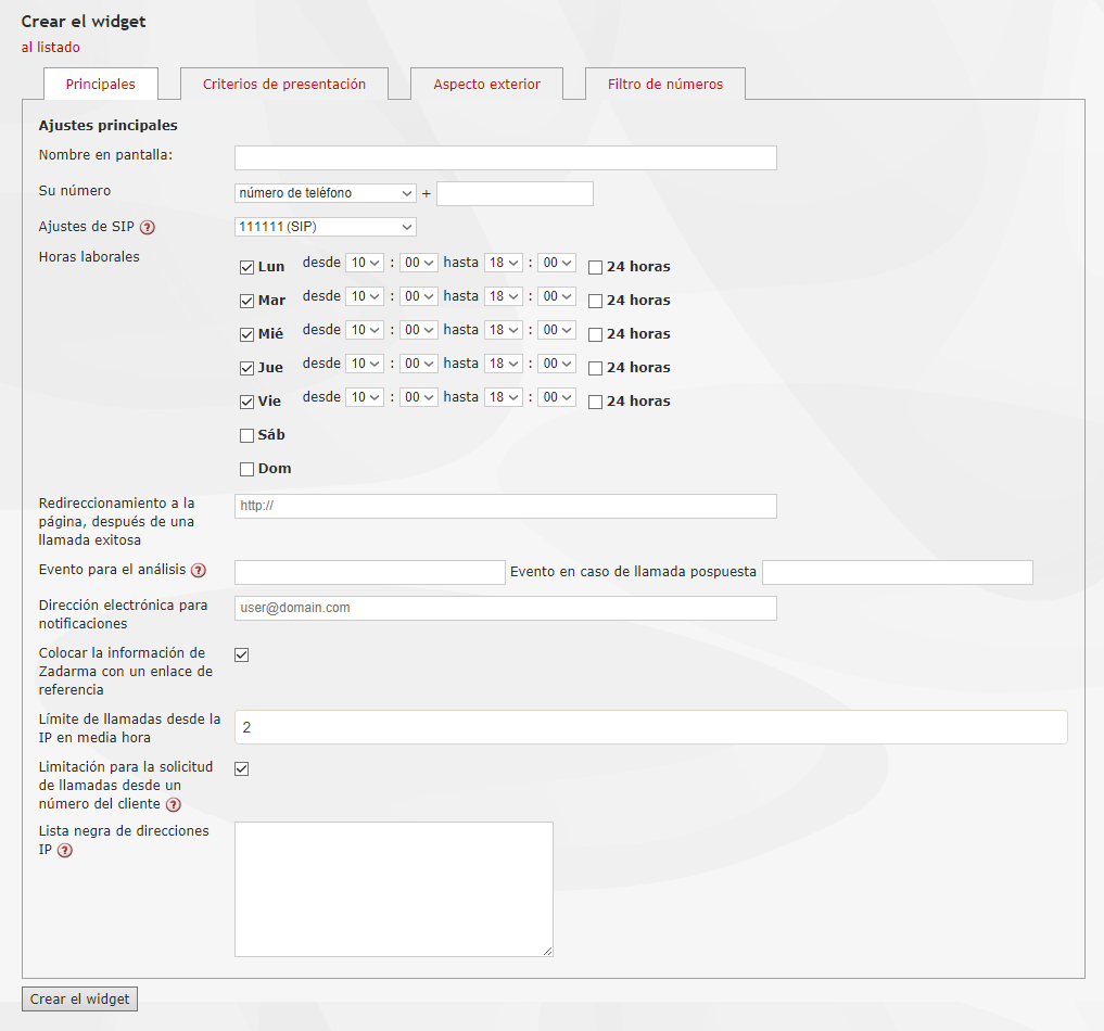 Configuración del widget de devolución de llamada de Zadarma paso uno