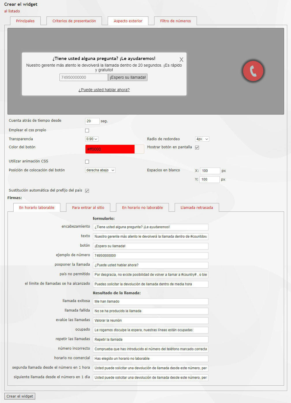 Configuración del widget de devolución de llamada de Zadarma paso tres