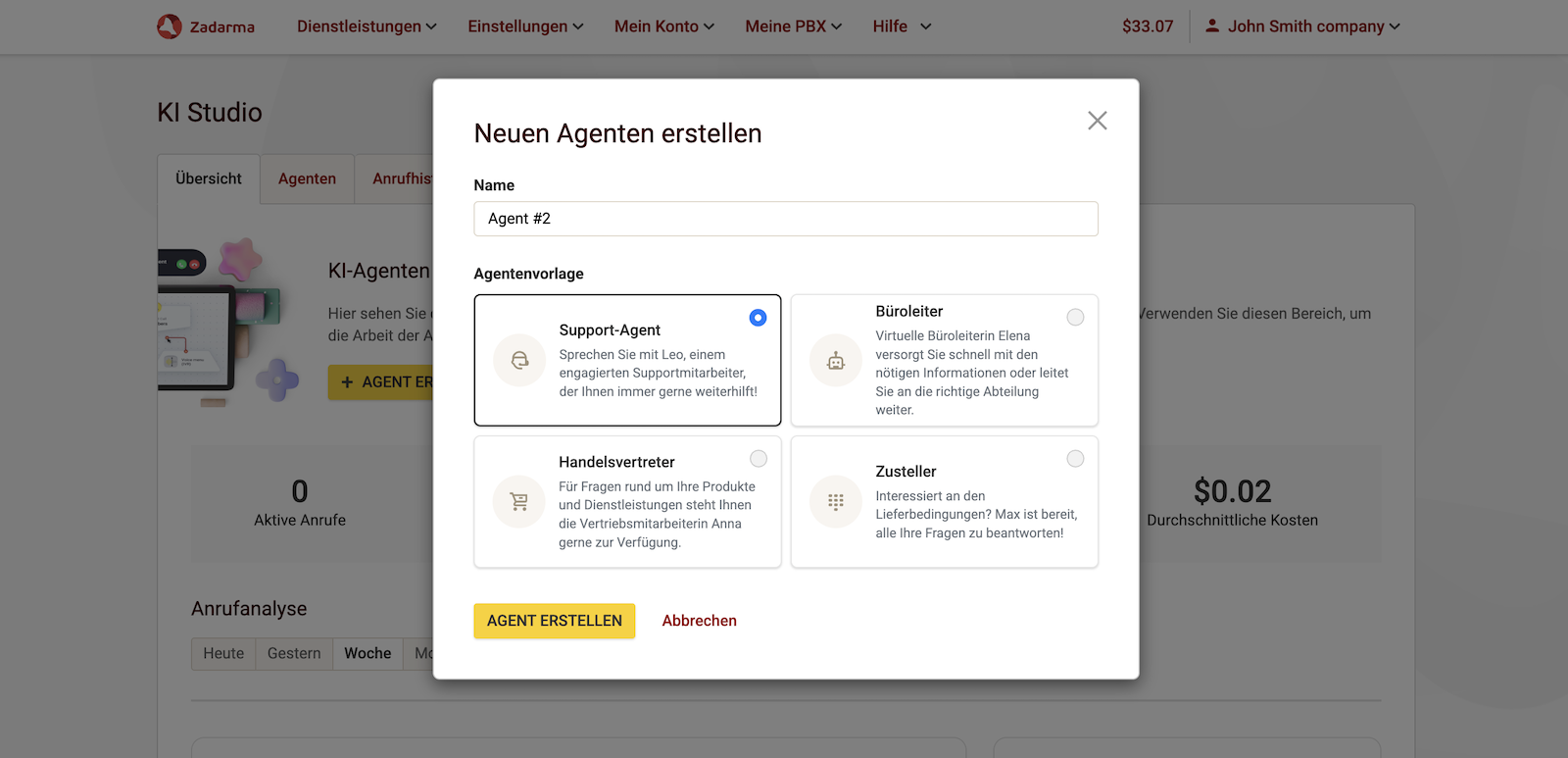Erstellung eines neuen Agenten
