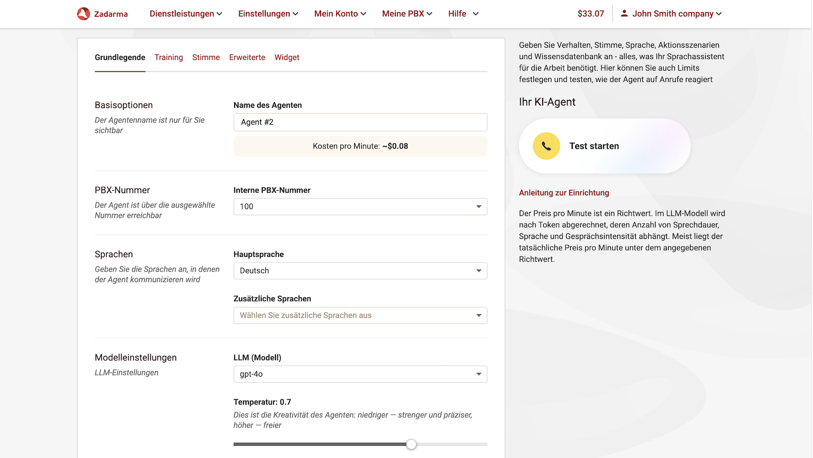 Grundeinstellungen des KI-Agenten