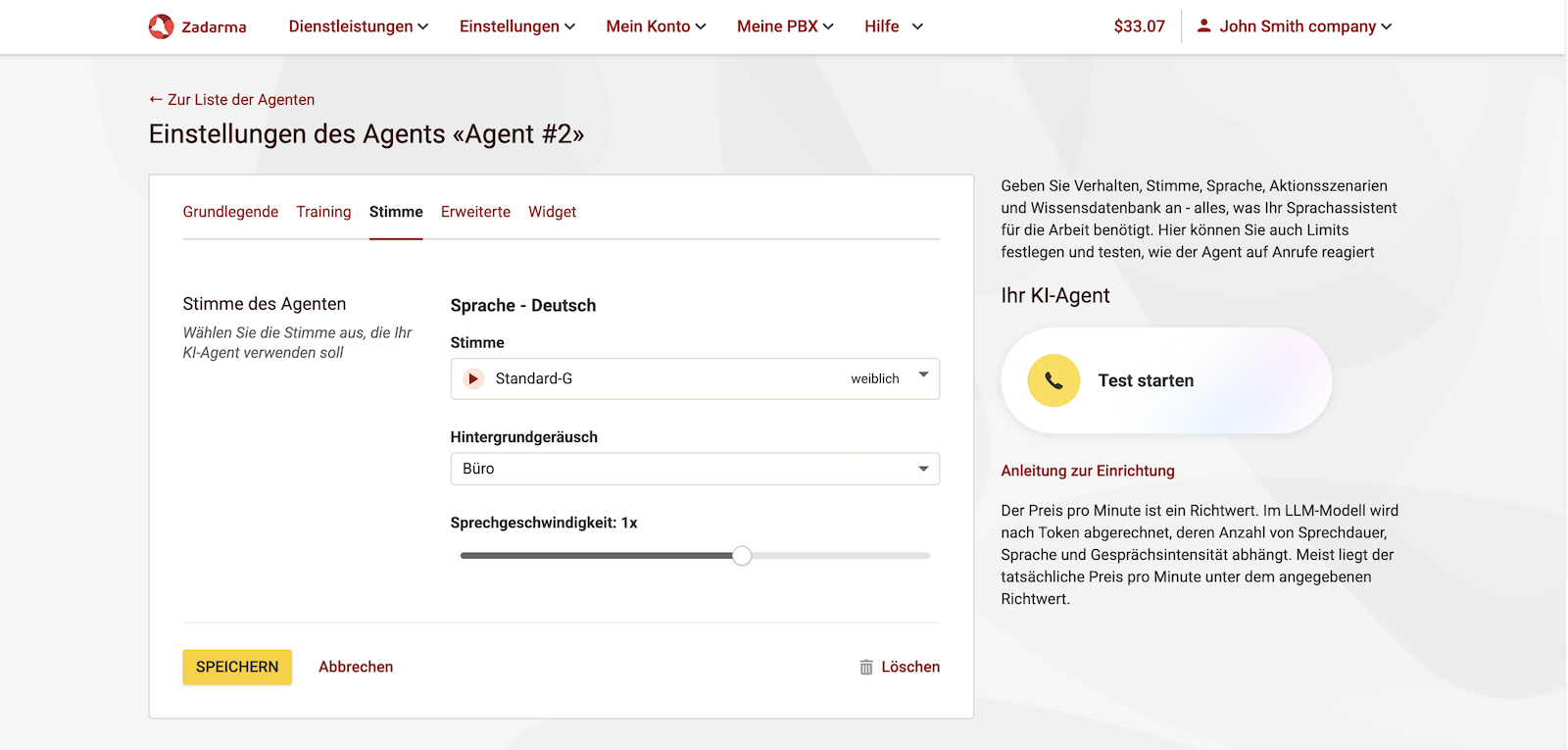 Stimme und Hintergrund für den KI-Agenten auswählen