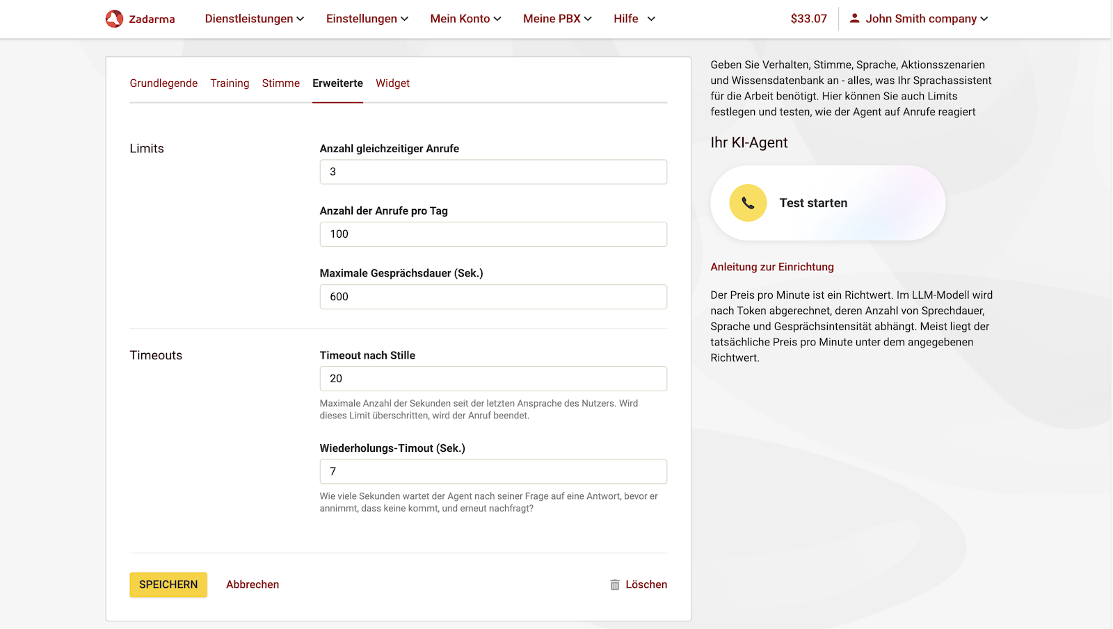 Erweiterte Einstellungen des Sprach-Agenten