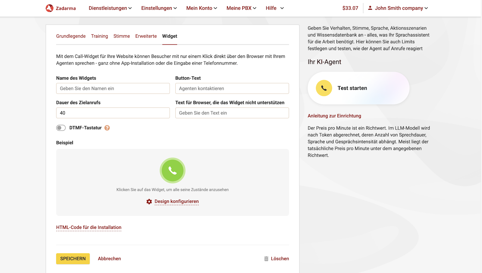 Widget für Anrufe von der Website