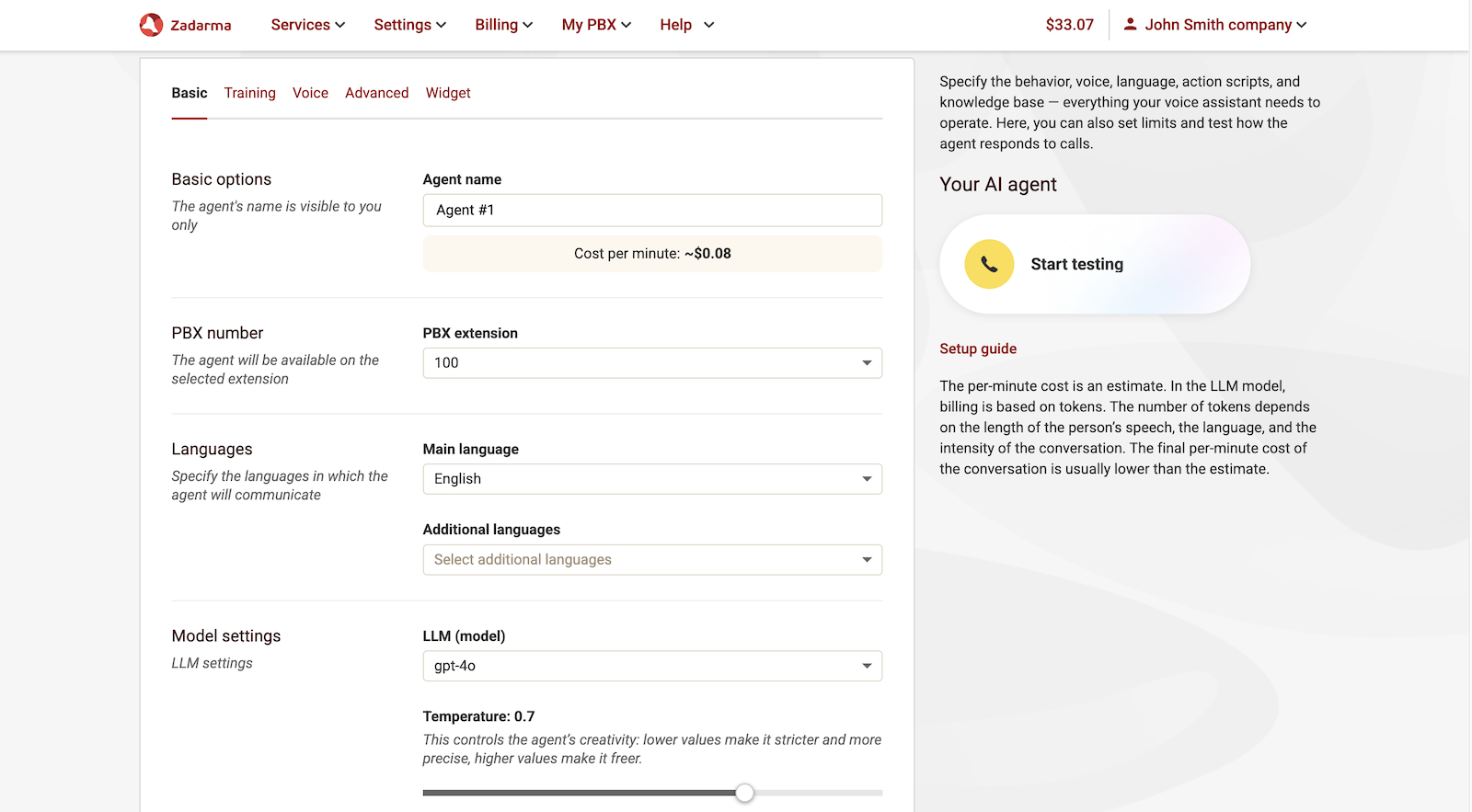 Basic AI agent settings