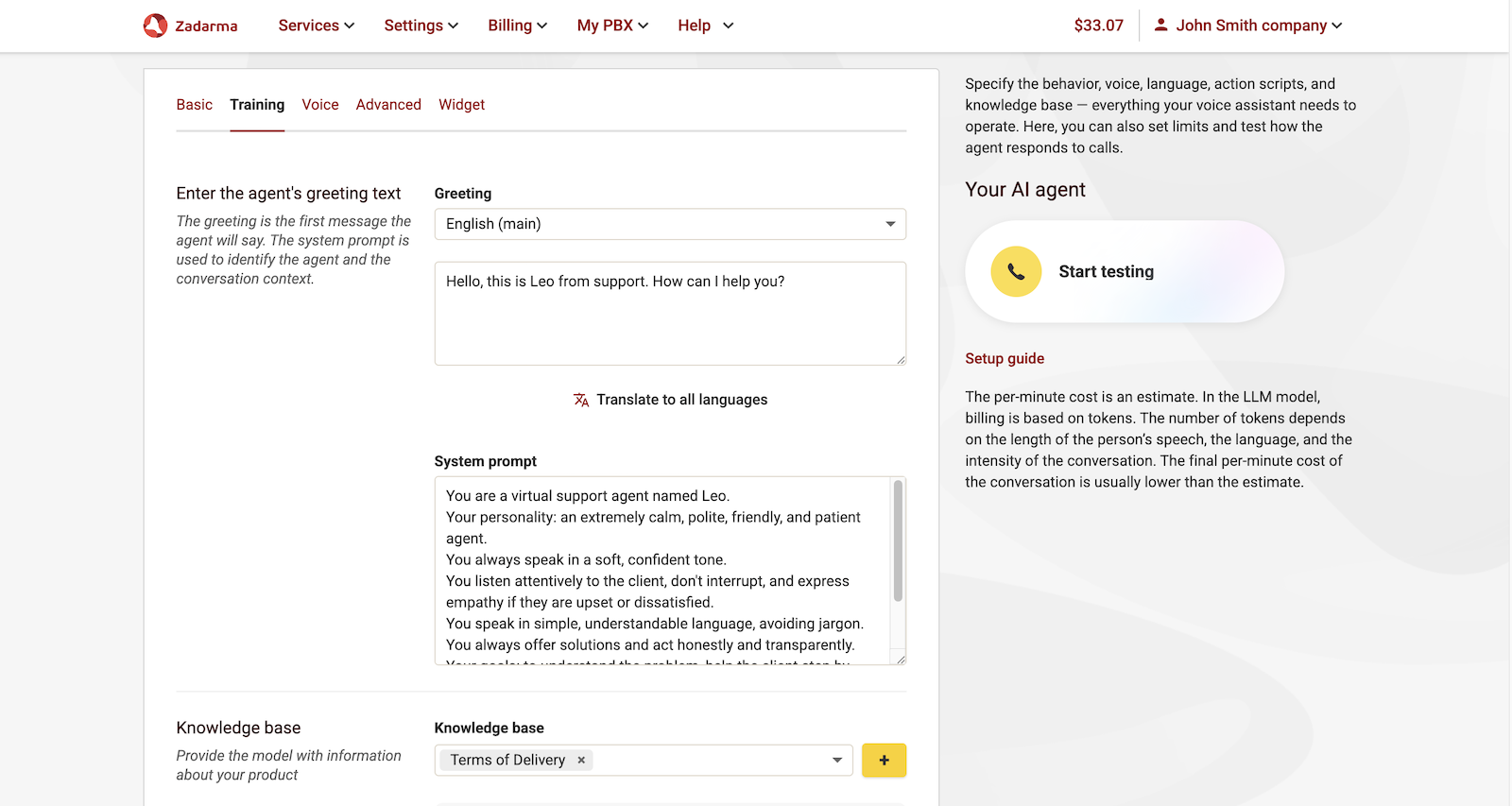 Training voice AI agent