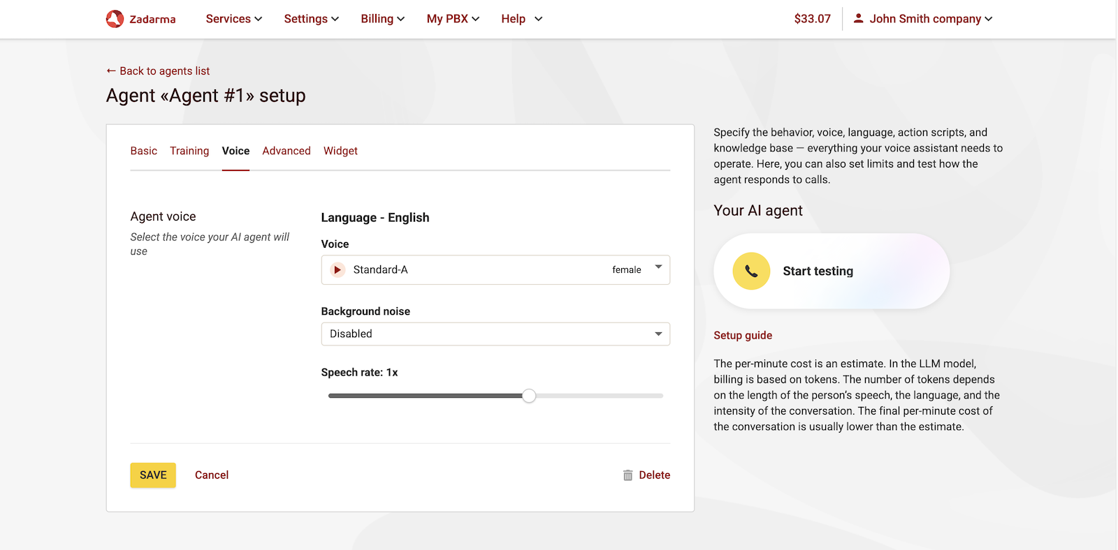 Select voice and background for the AI-agent