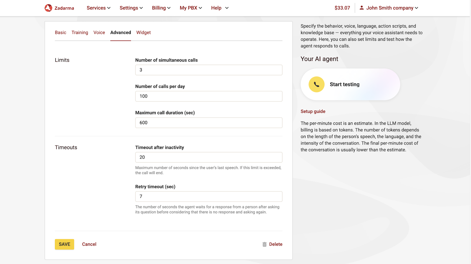 Advanced settings of the voice agent