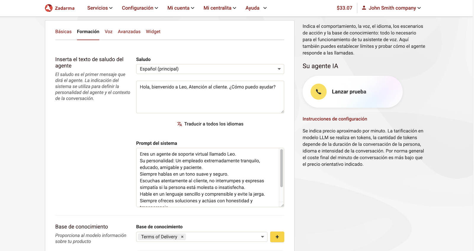 Formación del agente de voz IA