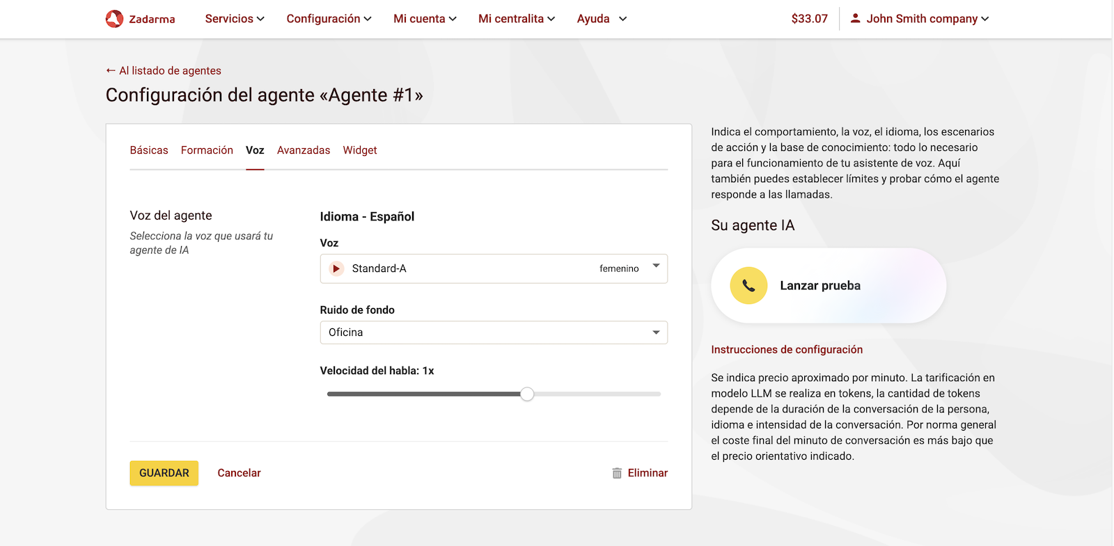 Selección de voz y fondo para el agente IA