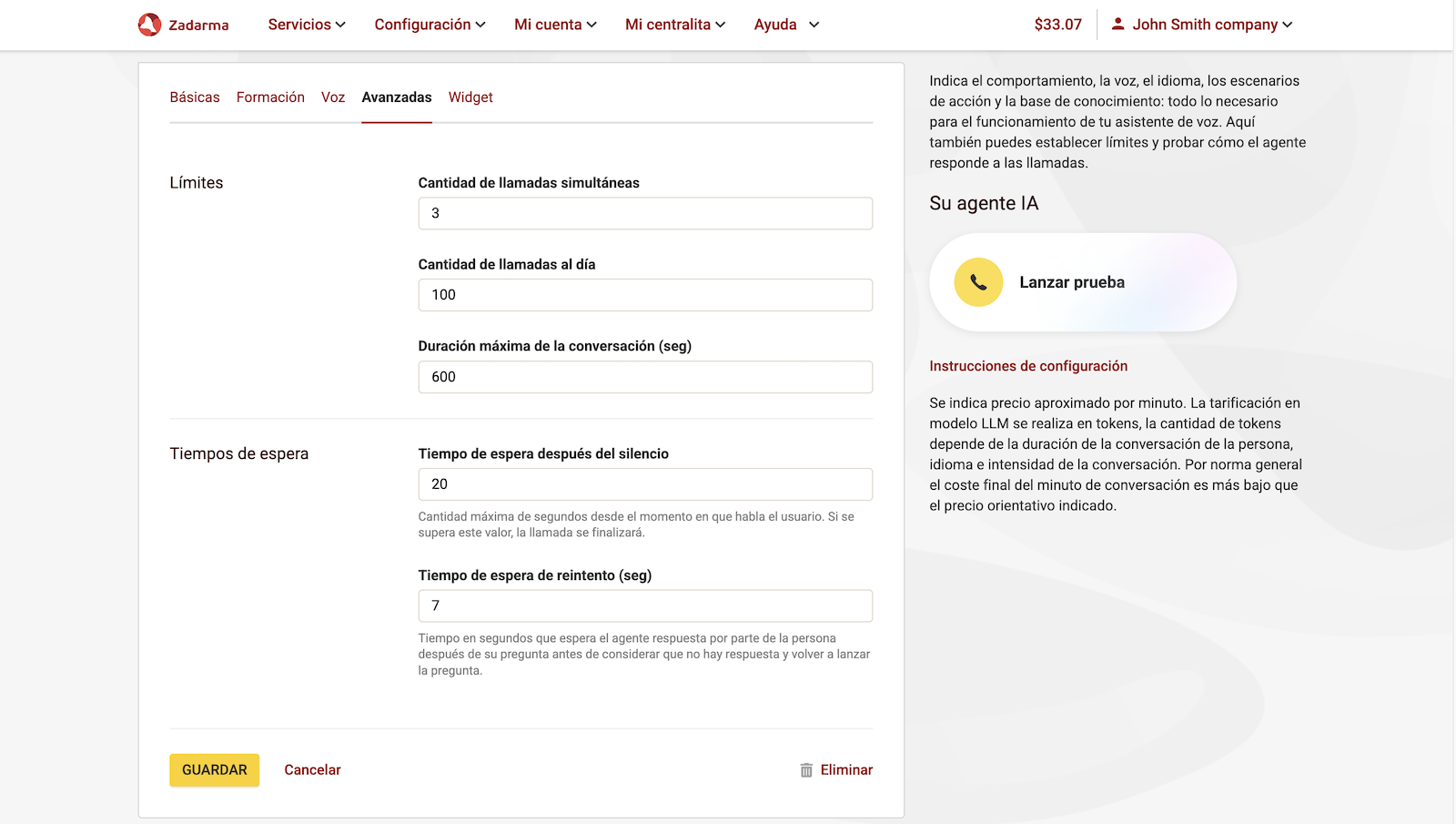 Configuraciones avanzadas del agente de voz