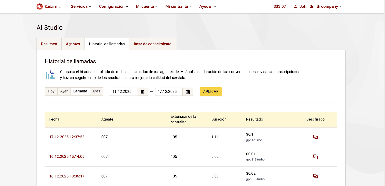 Historial de llamadas