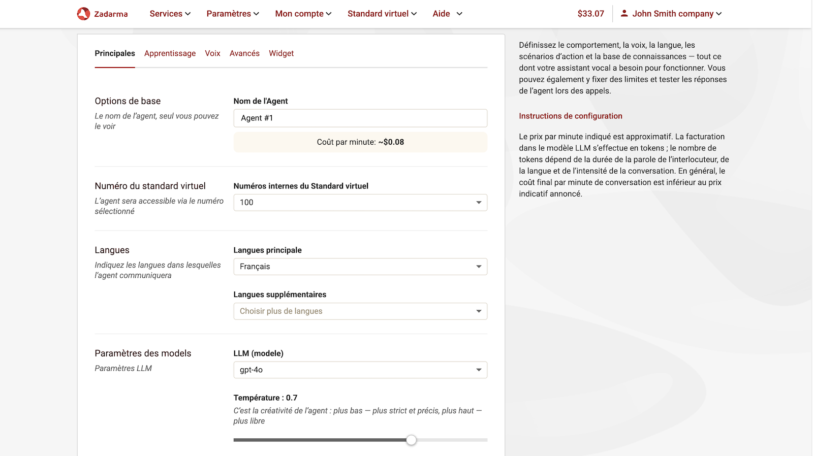 Paramètres principaux de l’agent IA