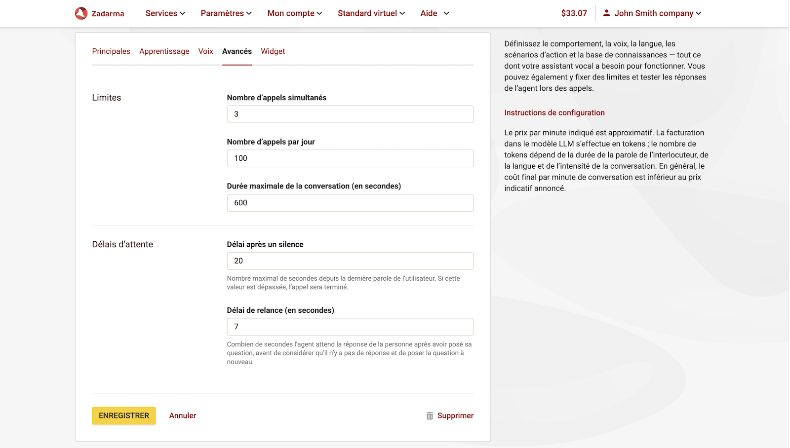Paramètres avancés de l’agent vocal